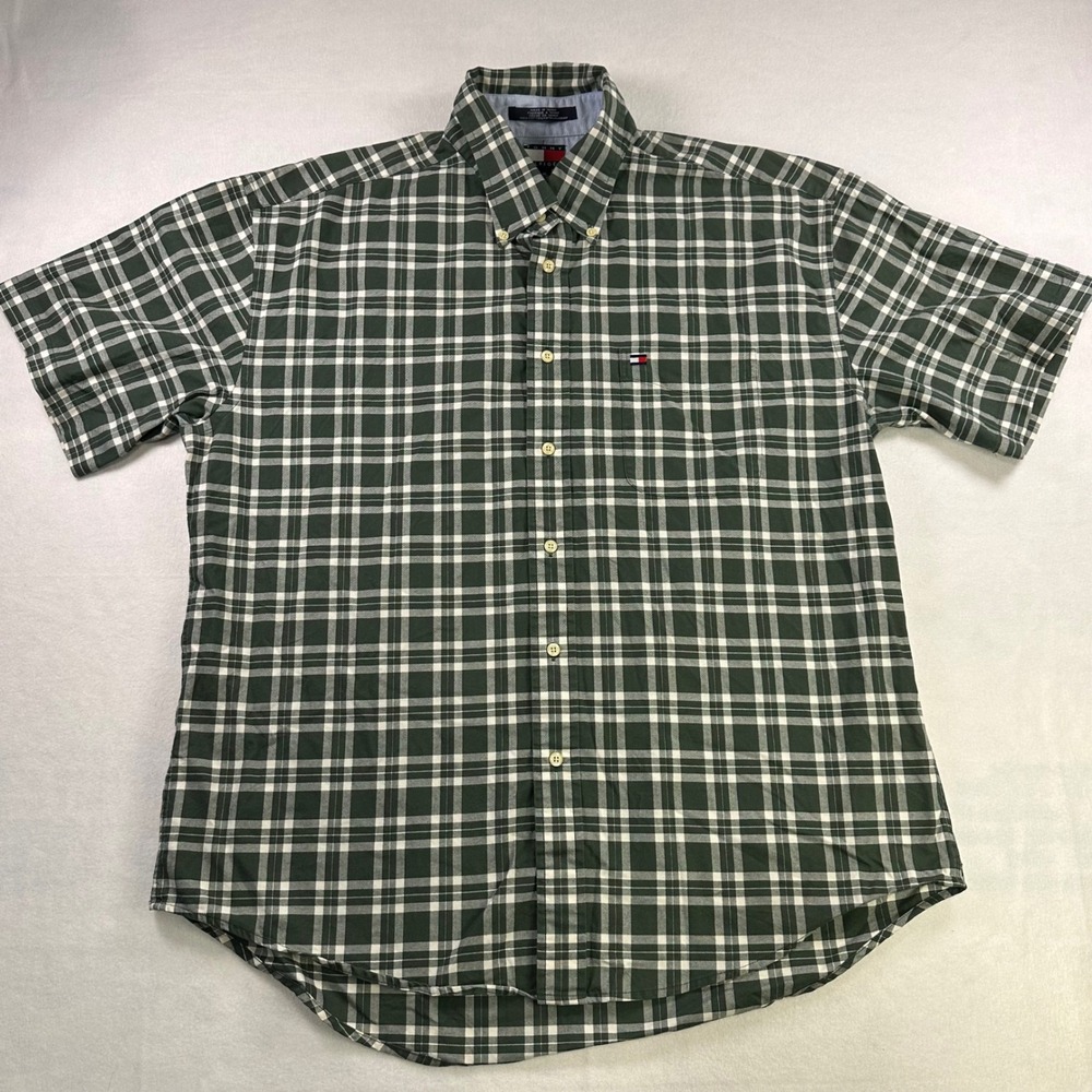 Tommy Hilfiger Mens XL Green White Plaid Short Sleeve Button Down Cotton Shirt